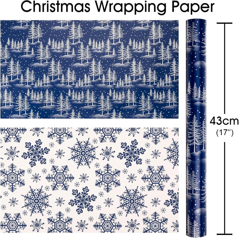 MAYPLUSS Christmas Wrapping Paper Roll - 17IN X 33FT - Blue Gift Wrapping Paper Featuring Christmas Tree Against Navy Blue Reversible Snowflke for Kids, Holiday, New Year - Image 4